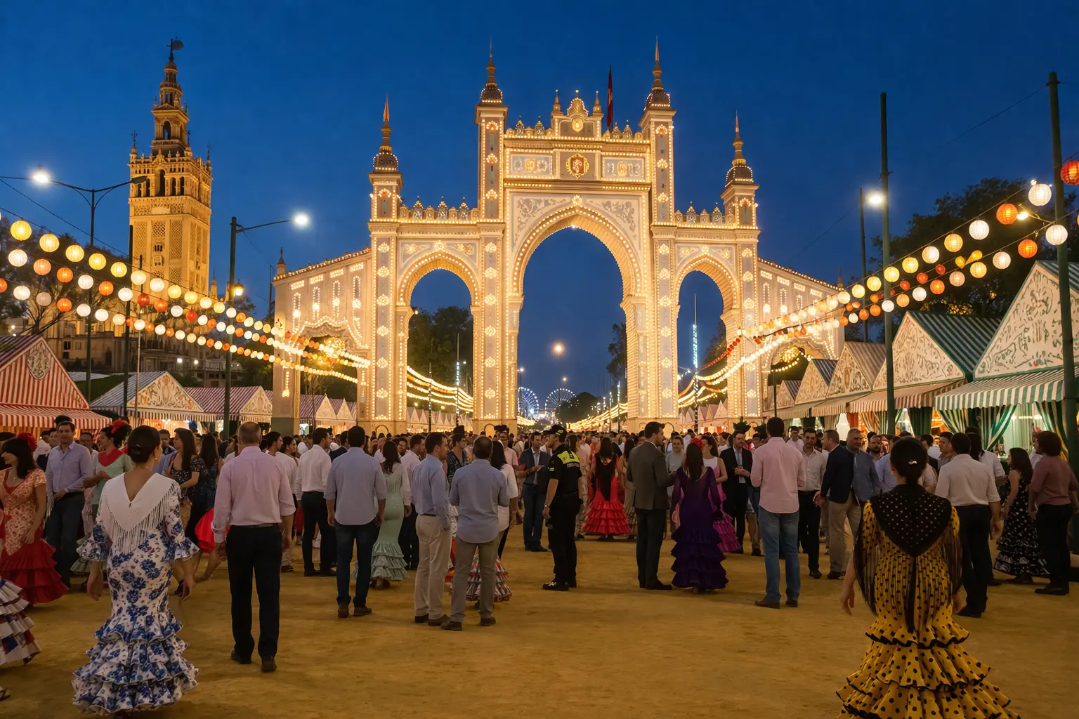 Puerta de la Feria de Sevilla iluminada de noche con gente paseando y casetas tradicionales